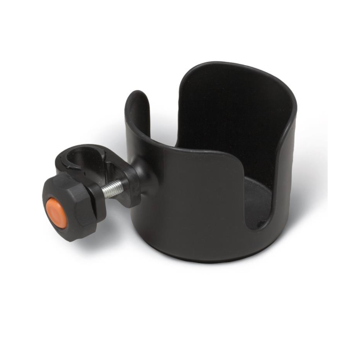 The Medline Cup and Cane Holder Combo Pack for Walker/Rollators is a versatile black holder with a clamp attachment, ideal for mounting on any bar. It features an open-top design and an orange knob accent for secure fitting.